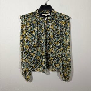 Loft Blue Yellow Floral Smocked High Neck Ruffled Long Sleeve Blouse Womens XS